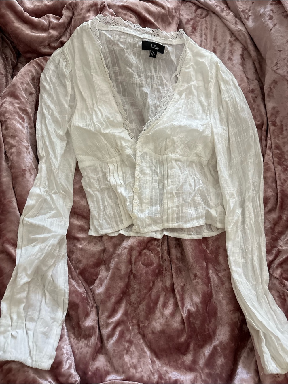 Aldo White Lace-Trim Button-Front Sheer Blouse